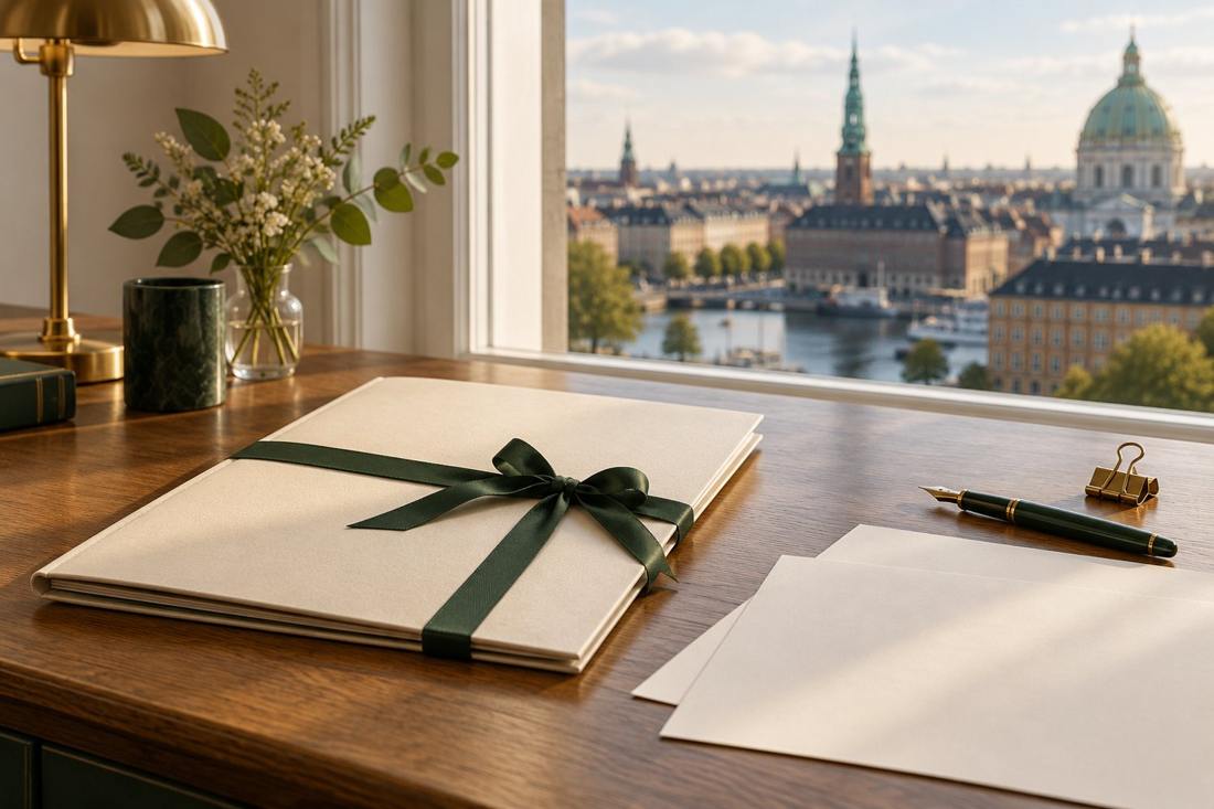 A carefully prepared document folder in a Copenhagen office