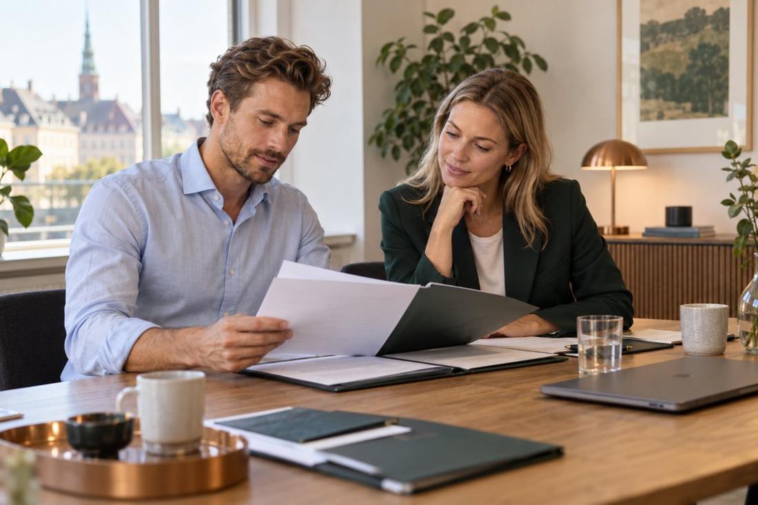 Professionals reviewing a business document folder